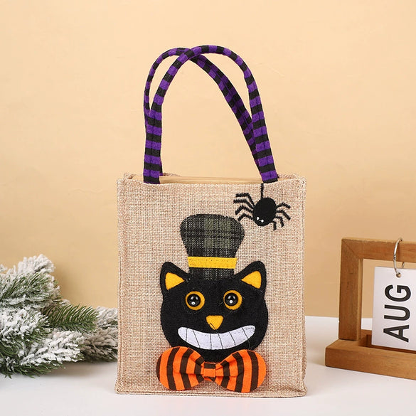 Halloween Square Imitation Linen Tote Bag With Cartoon Pumpkin Witch Pattern