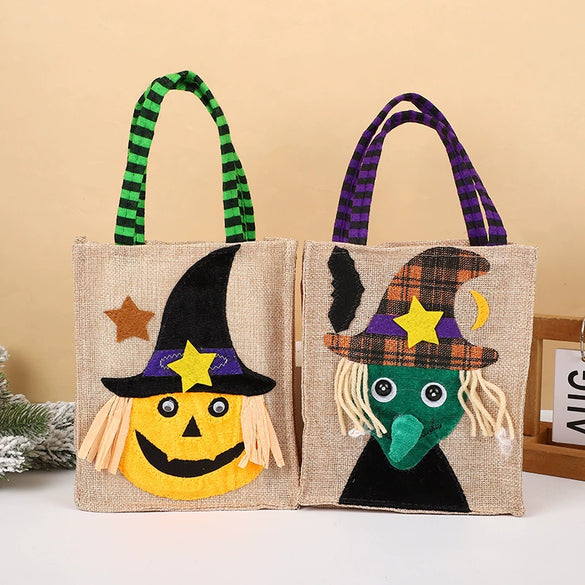Halloween Square Imitation Linen Tote Bag With Cartoon Pumpkin Witch Pattern