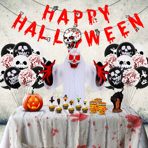 Halloween Tablecloth With Bloody Hand Design And Black Orange Sequins Aluminum Film And Foil Ghost Decorations Round Ornament Balloon And Nordic Flag