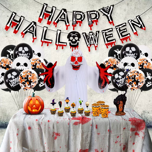 Halloween Tablecloth With Bloody Hand Design And Black Orange Sequins Aluminum Film And Foil Ghost Decorations Round Ornament Balloon And Nordic Flag