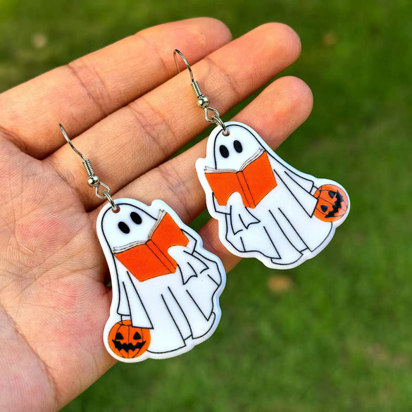 Halloween Thanksgiving Acrylic Double Sided Printed Earrings With Pumpkin White Ghost Cow Black Cat Pendant In Cartoon Animal Zodiac Design For Women