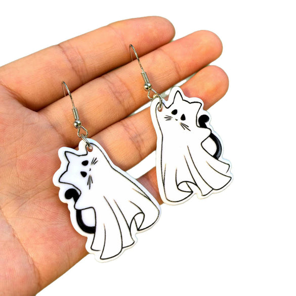 Halloween Thanksgiving Acrylic Double Sided Printed Earrings With Pumpkin White Ghost Cow Black Cat Pendant In Cartoon Animal Zodiac Design For Women