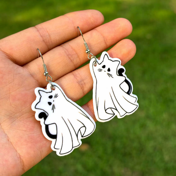 Halloween Thanksgiving Acrylic Double Sided Printed Earrings With Pumpkin White Ghost Cow Black Cat Pendant In Cartoon Animal Zodiac Design For Women