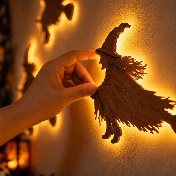 Halloween Witch Riding Broom Wall Decoration Glowing Boxwood Hanging Ornament With Pushbutton Lights For Festive Party Backdrops