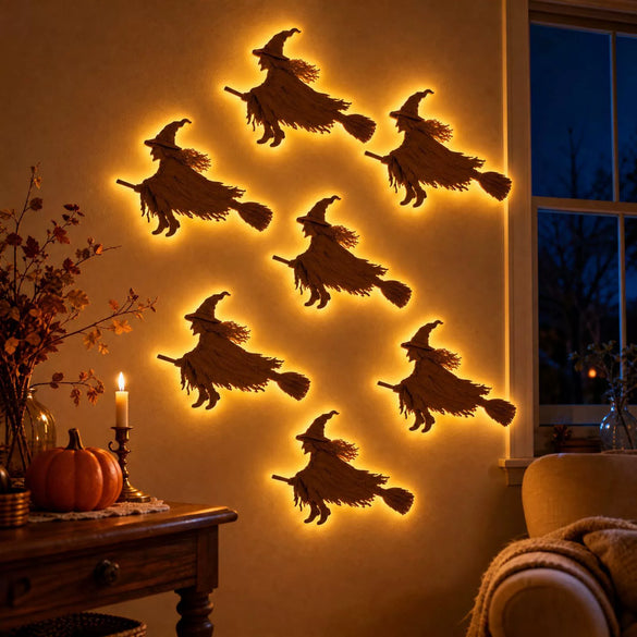Halloween Witch Riding Broom Wall Decoration Glowing Boxwood Hanging Ornament With Pushbutton Lights For Festive Party Backdrops
