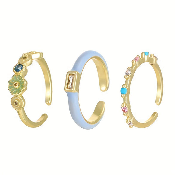 Hand Jewelry Copper Opal Sunflower Butterfly Open Ring Threepiece Set Electroplating Geometric Style