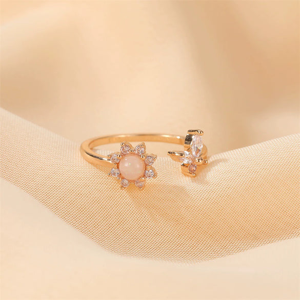Hand Jewelry Copper Opal Sunflower Butterfly Open Ring Threepiece Set Electroplating Geometric Style