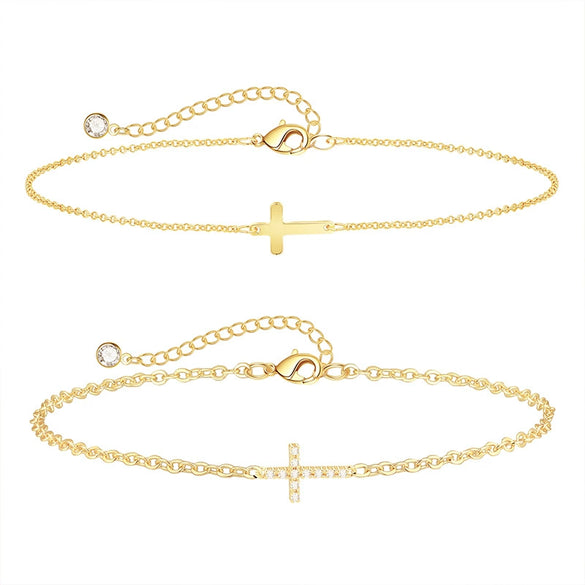 Hand Jewelry Multilayered Brass Plated 14K Gold Cross Bracelet Inlaid With Zircon Geometric Style Copper Electroplated
