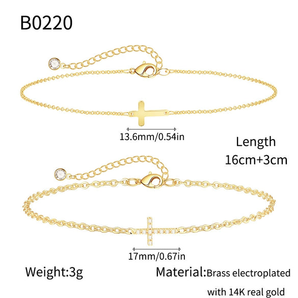 Hand Jewelry Multilayered Brass Plated 14K Gold Cross Bracelet Inlaid With Zircon Geometric Style Copper Electroplated