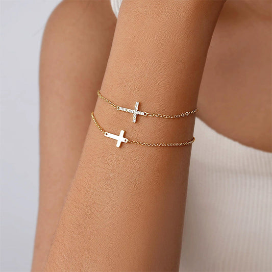 Hand Jewelry Multilayered Brass Plated 14K Gold Cross Bracelet Inlaid With Zircon Geometric Style Copper Electroplated