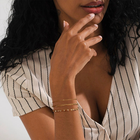 Hand Jewelry Set Copper Plated Real Gold Geometric Cuban Zircon Bracelet For Women