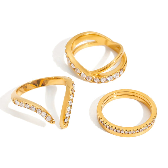 Hand Jewelry Stainless Steel 18K Gold Plated Geometric Plain Ring Inlaid With Diamond For Women