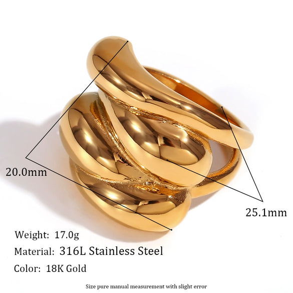Hand Jewelry Stainless Steel 18K Gold Plated Geometric Water Drop Wave Staggered Dome Ring For Women