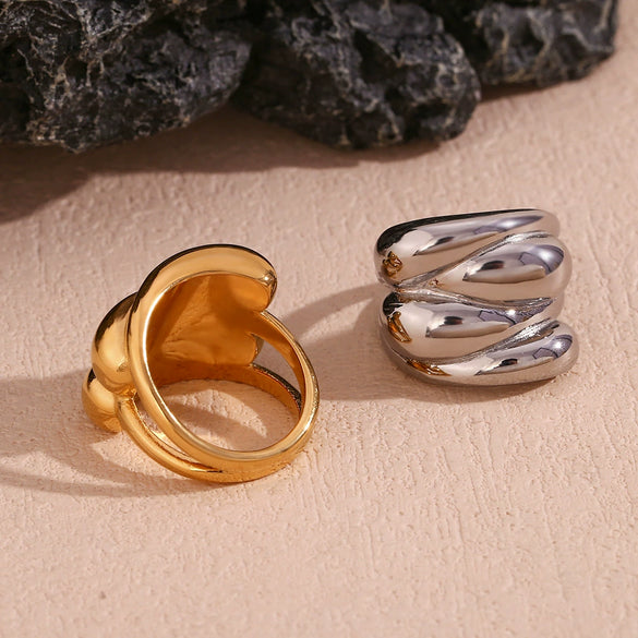 Hand Jewelry Stainless Steel 18K Gold Plated Geometric Water Drop Wave Staggered Dome Ring For Women