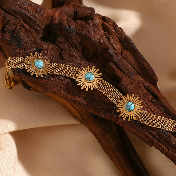 Hand Jewelry Stainless Steel 18K Gold Plated Turquoise Sunflower Braided Geometric Style Bracelet For Women