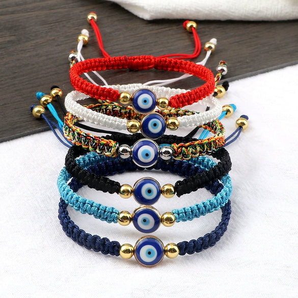 Hand Knitted Geometric Cord Bracelet With Gold And Silver Beads And Blue Eye Detail Flat Knot Good Luck Bracelet For Unisex