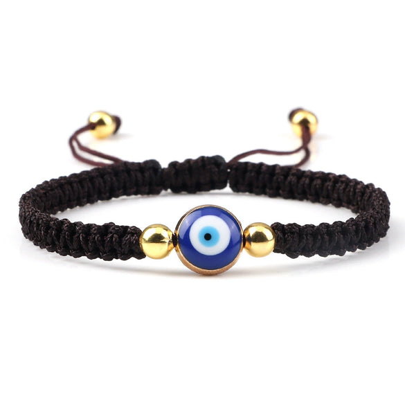 Hand Knitted Geometric Cord Bracelet With Gold And Silver Beads And Blue Eye Detail Flat Knot Good Luck Bracelet For Unisex