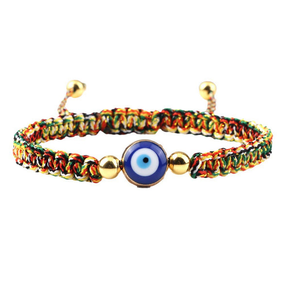 Hand Knitted Geometric Cord Bracelet With Gold And Silver Beads And Blue Eye Detail Flat Knot Good Luck Bracelet For Unisex