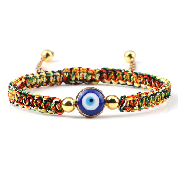 Hand Knitted Geometric Cord Bracelet With Gold And Silver Beads And Blue Eye Detail Flat Knot Good Luck Bracelet For Unisex