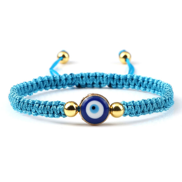 Hand Knitted Geometric Cord Bracelet With Gold And Silver Beads And Blue Eye Detail Flat Knot Good Luck Bracelet For Unisex