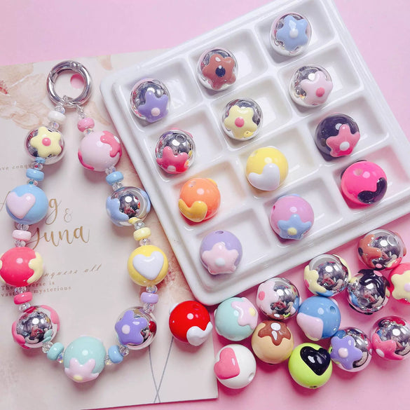 Hand Painted Flower Round Beads Beaded Diy Mobile Phone Chain And Key Chain Acrylic Jewelry Accessories For Cute Girls