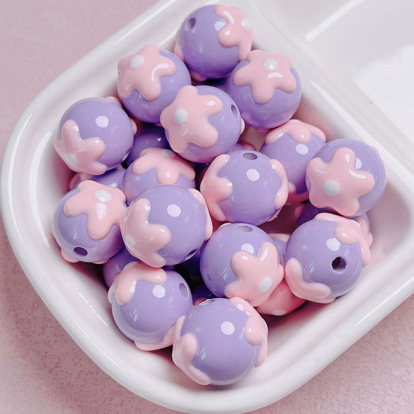 Hand Painted Flower Round Beads Beaded Diy Mobile Phone Chain And Key Chain Acrylic Jewelry Accessories For Cute Girls