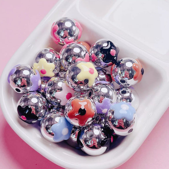 Hand Painted Flower Round Beads Beaded Diy Mobile Phone Chain And Key Chain Acrylic Jewelry Accessories For Cute Girls