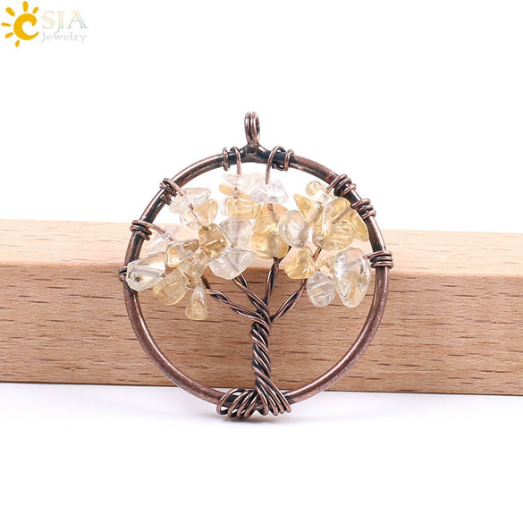 Hand Wound Natural Stone Tree Of Life Pendant Necklace With Colorful Crystal Gravel And Copper Accessories Fashion Jewelry