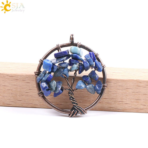 Hand Wound Natural Stone Tree Of Life Pendant Necklace With Colorful Crystal Gravel And Copper Accessories Fashion Jewelry