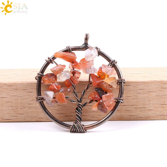Hand Wound Natural Stone Tree Of Life Pendant Necklace With Colorful Crystal Gravel And Copper Accessories Fashion Jewelry