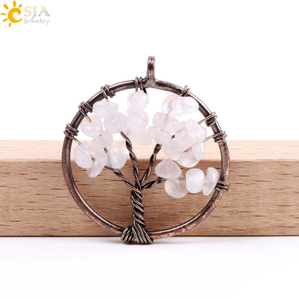 Hand Wound Natural Stone Tree Of Life Pendant Necklace With Colorful Crystal Gravel And Copper Accessories Fashion Jewelry
