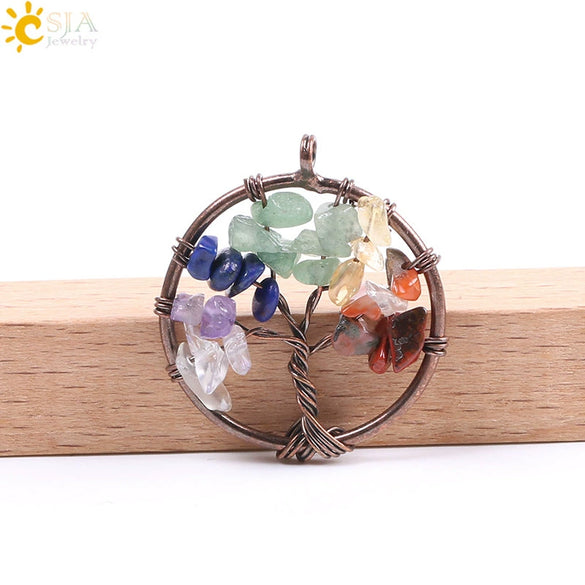 Hand Wound Natural Stone Tree Of Life Pendant Necklace With Colorful Crystal Gravel And Copper Accessories Fashion Jewelry
