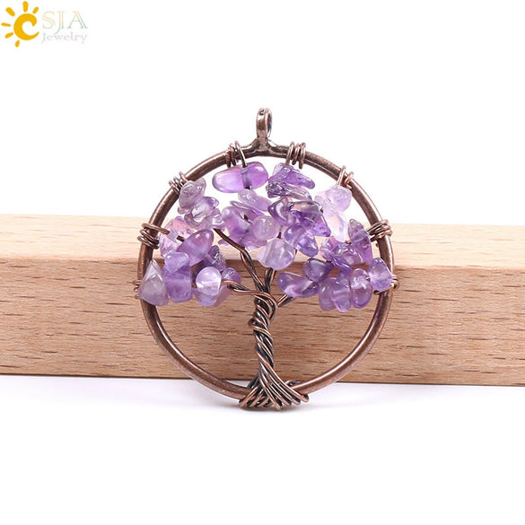 Hand Wound Natural Stone Tree Of Life Pendant Necklace With Colorful Crystal Gravel And Copper Accessories Fashion Jewelry
