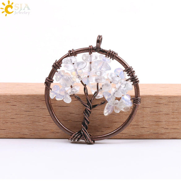 Hand Wound Natural Stone Tree Of Life Pendant Necklace With Colorful Crystal Gravel And Copper Accessories Fashion Jewelry
