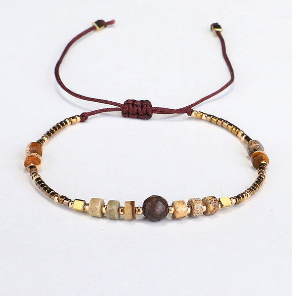 Hand Woven Beaded Small Bracelet With Miyuki Rice Beads And Emperor Wang Song Stone In Geometric Pattern For Female Lovers