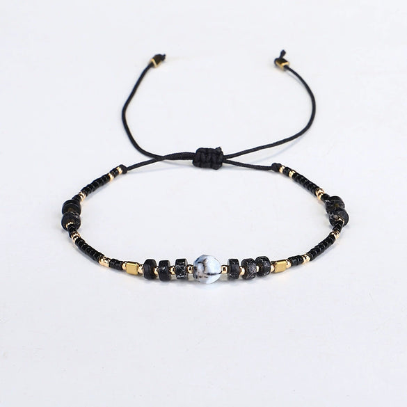 Hand Woven Beaded Small Bracelet With Miyuki Rice Beads And Emperor Wang Song Stone In Geometric Pattern For Female Lovers