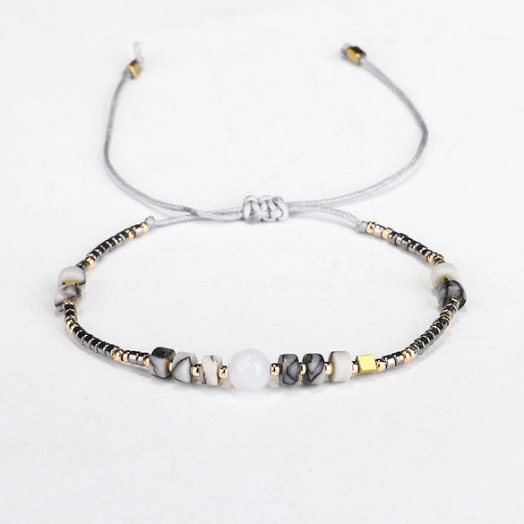 Hand Woven Beaded Small Bracelet With Miyuki Rice Beads And Emperor Wang Song Stone In Geometric Pattern For Female Lovers
