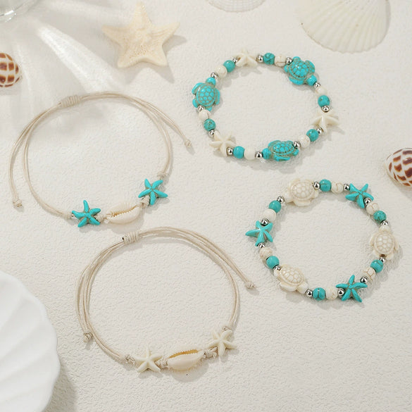 Hand Woven Bohemian Beach Bracelet Pine Stone Geometric Shell Starfish Turtle Foot Handmade