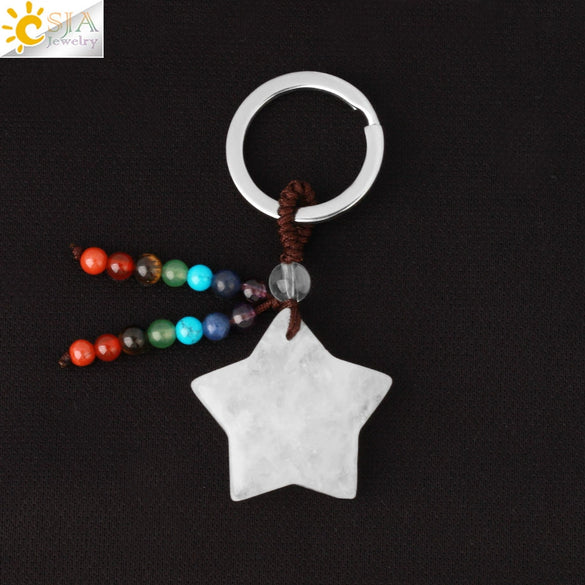 Hand Woven Natural Crystal Crescent Moon And Star Tassel Keychain Colorful Stone Rope Pendant Accessory Personality Style