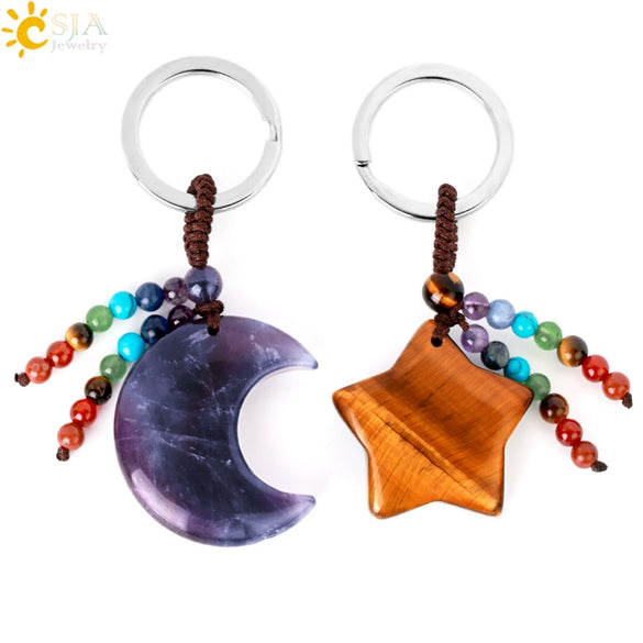 Hand Woven Natural Crystal Crescent Moon And Star Tassel Keychain Colorful Stone Rope Pendant Accessory Personality Style
