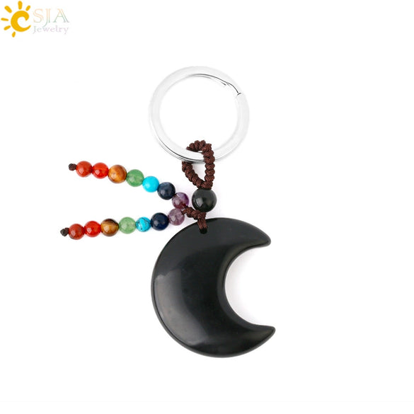 Hand Woven Natural Crystal Crescent Moon And Star Tassel Keychain Colorful Stone Rope Pendant Accessory Personality Style