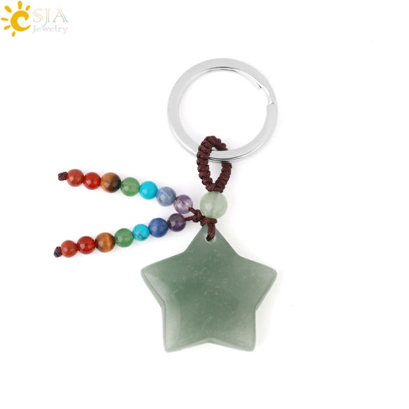Hand Woven Natural Crystal Crescent Moon And Star Tassel Keychain Colorful Stone Rope Pendant Accessory Personality Style