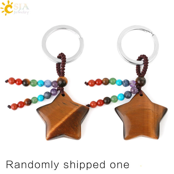 Hand Woven Natural Crystal Crescent Moon And Star Tassel Keychain Colorful Stone Rope Pendant Accessory Personality Style