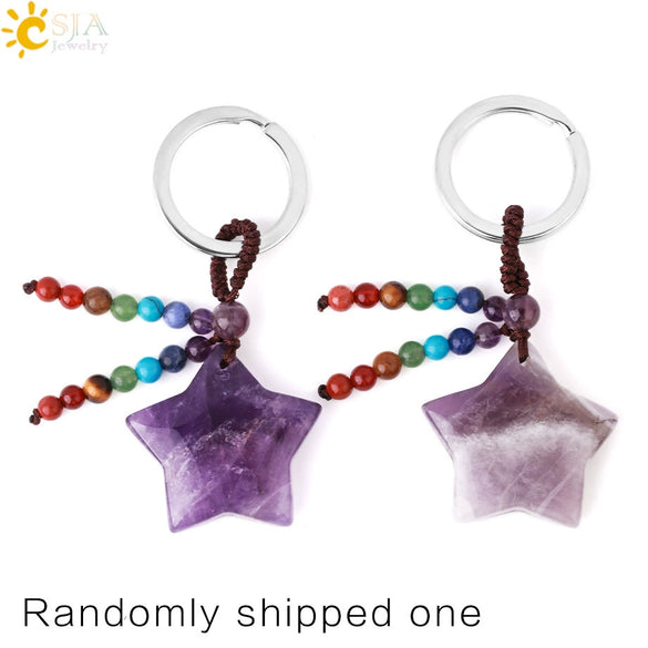 Hand Woven Natural Crystal Crescent Moon And Star Tassel Keychain Colorful Stone Rope Pendant Accessory Personality Style