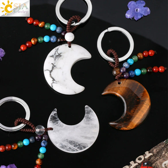 Hand Woven Natural Crystal Crescent Moon And Star Tassel Keychain Colorful Stone Rope Pendant Accessory Personality Style