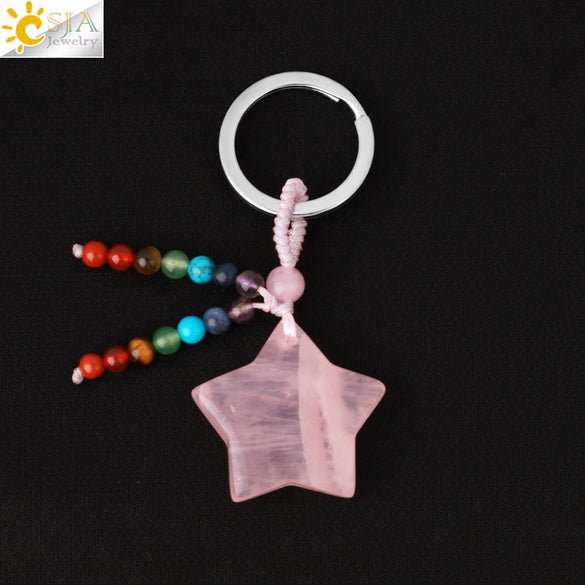 Hand Woven Natural Crystal Crescent Moon And Star Tassel Keychain Colorful Stone Rope Pendant Accessory Personality Style