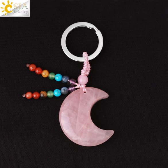 Hand Woven Natural Crystal Crescent Moon And Star Tassel Keychain Colorful Stone Rope Pendant Accessory Personality Style