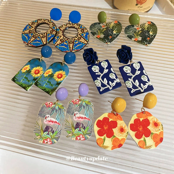 Handmade Acrylic Flowershaped Sunflower And Flamingo Earrings With French Oil Painting Style For Women