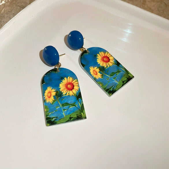 Handmade Acrylic Flowershaped Sunflower And Flamingo Earrings With French Oil Painting Style For Women