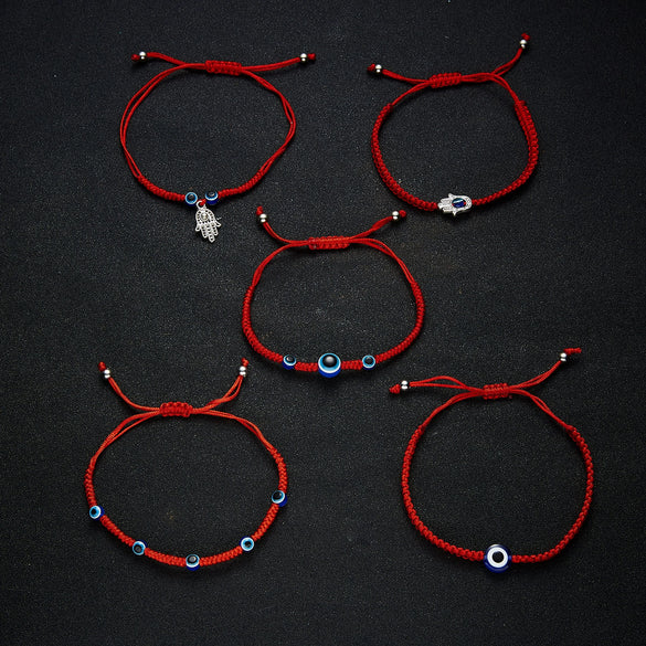 Handmade Adjustable Sevensection Geometricshaped Fashion Ol Unisex Bracelet Made Of Red Rope With Turkish Blue Eyes Design